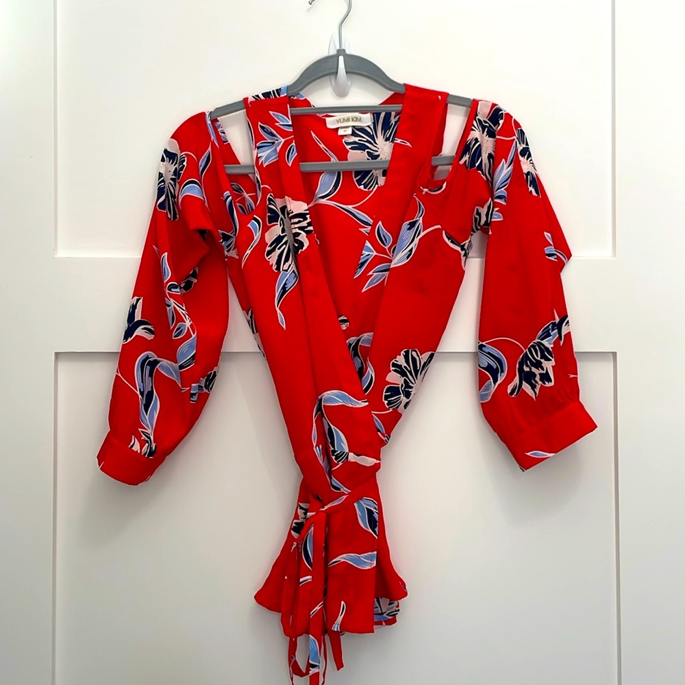 YUMI KIM Red and blue Peek a boo shoulder Silk blouse wrap at waist style!